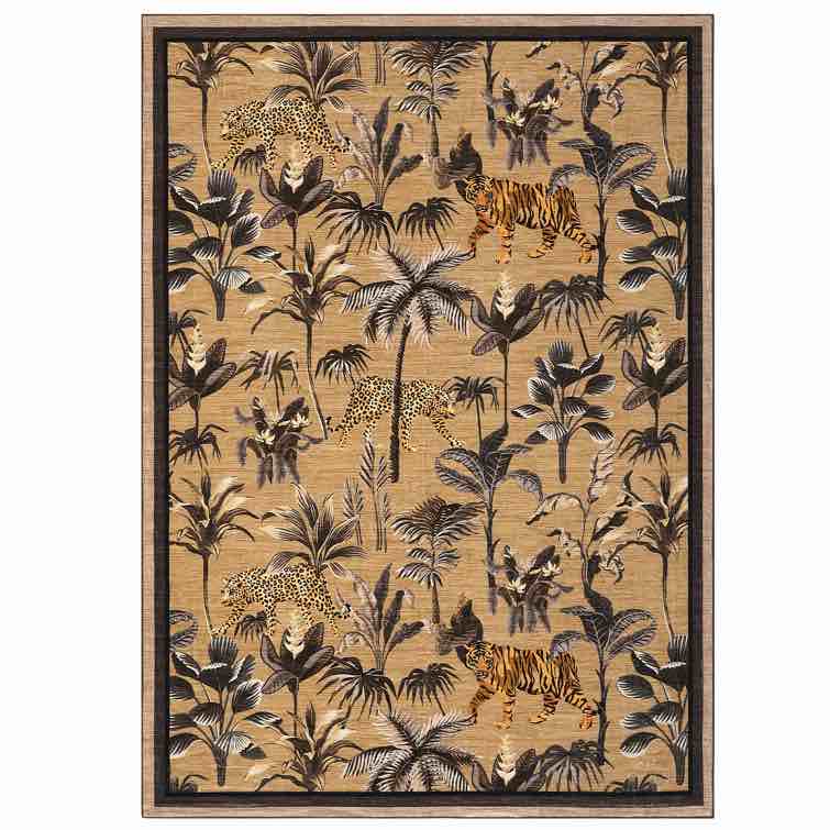 Tiger Area Rug for Living Room, Machine Washable Non-Slip Low Pile Rug, Botanical Jungle Animal Print Rug, Stain-Resistant Soft Foldable Floor Covering 9’X12’