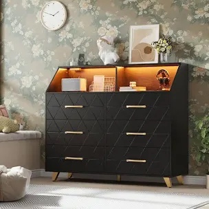 6 Drawer Dresser for Bedroom with Charging Station and LED Lights