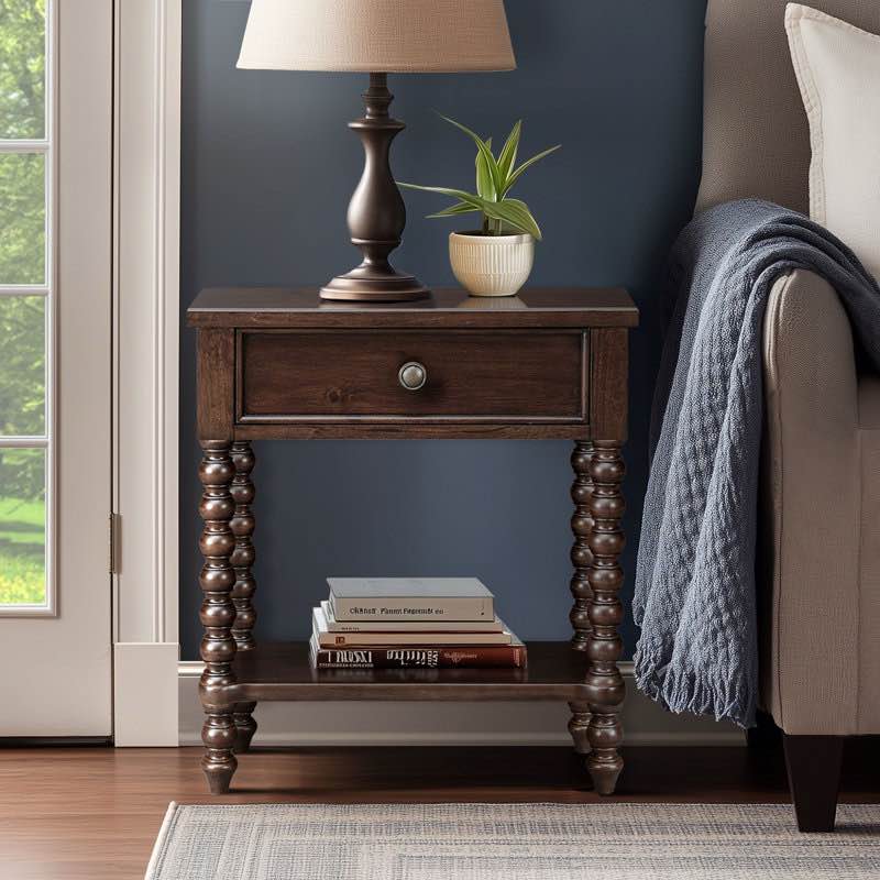 Beckett Turned Wood Spindle Nightstand with Drawer & Shelf