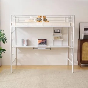 Twin Size Metal Loft Bed With Desk And Storage Shelves, 2 Built-In Ladders