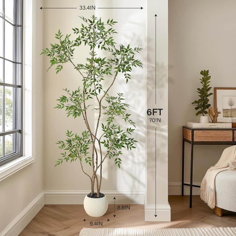 5/6/7ft Artificial Nandina Tree in Pot - Faux Floor Plant with White Planter for Home Office Decor