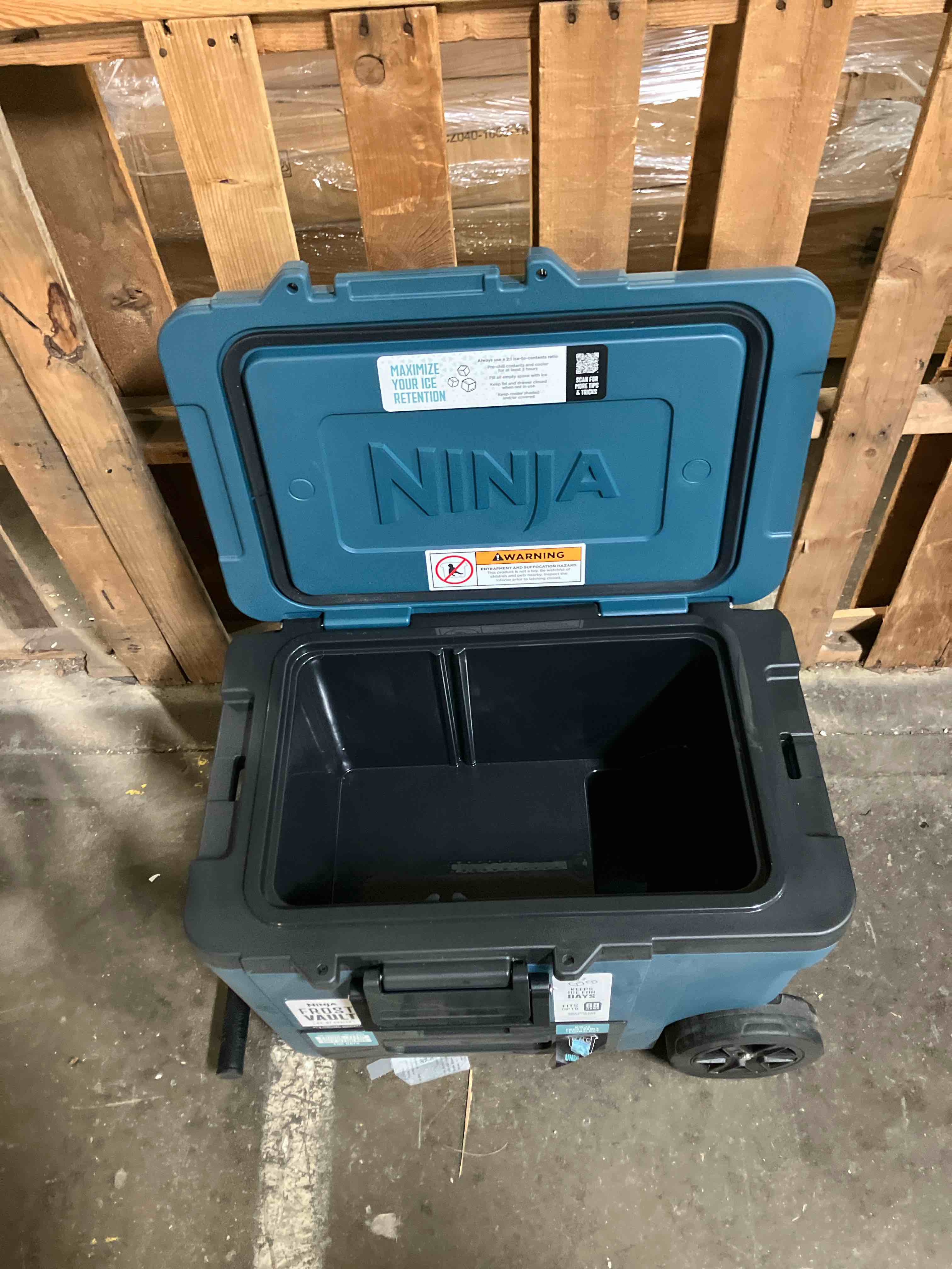 Condition photo showing Good Condition for Ninja | Cooler | FrostVault 65QT Cooler with Wheels | Insulated with Temp Dry Storage Drawer | Keeps Ice Cold for Days | for The Beach, Camping, Picnics & More | Lakeshore Blue | FB265BL 65qt Blue (Has some scratches on the side)