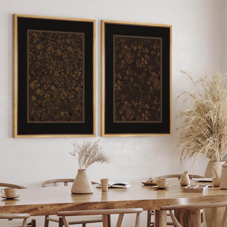 vintage floral wall art set of 2 - framed dark botanical canvas prints, brown & black flower art for modern gothic or classic home decor