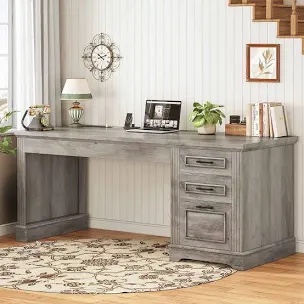 computer desk executive desk with 3 drawers, farmhouse 55" office desk with storage drawers with power outlet for home office