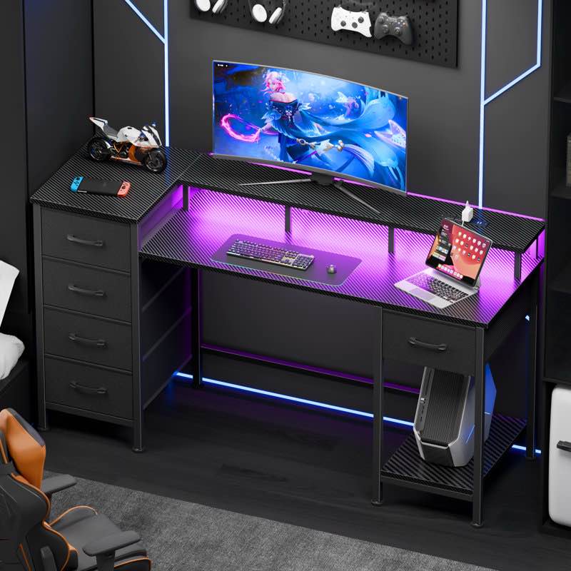 Computer Desk with Monitor Stand & Charging Station, Gaming Desk with LED Lights & Drawers
