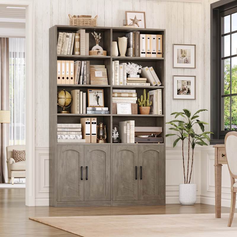 kirklyn 73" h standard storage bookcase with doors and 8 open shelves, modern wood organizer