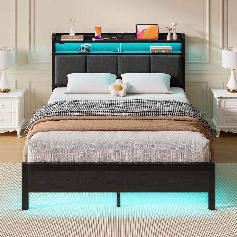 Modern Upholstered Platform Bed with Headboard, USB Charging Station & LED Lights Full