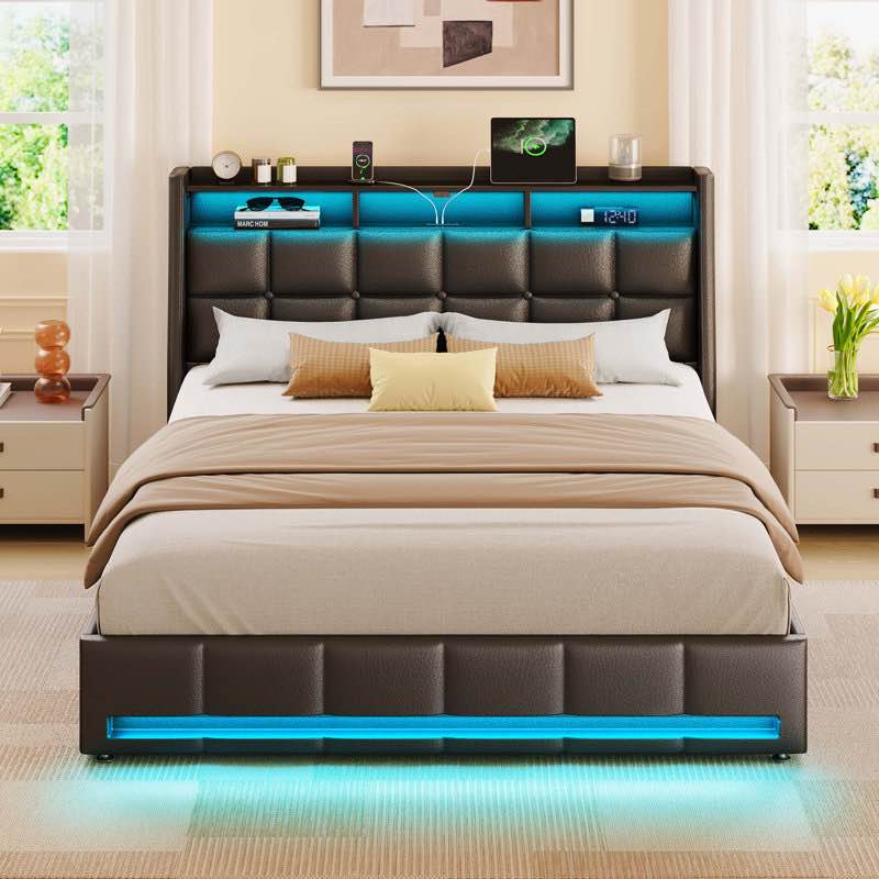 upholstered platform bed frame with wingback headboard, led lights & 4 storage drawers full