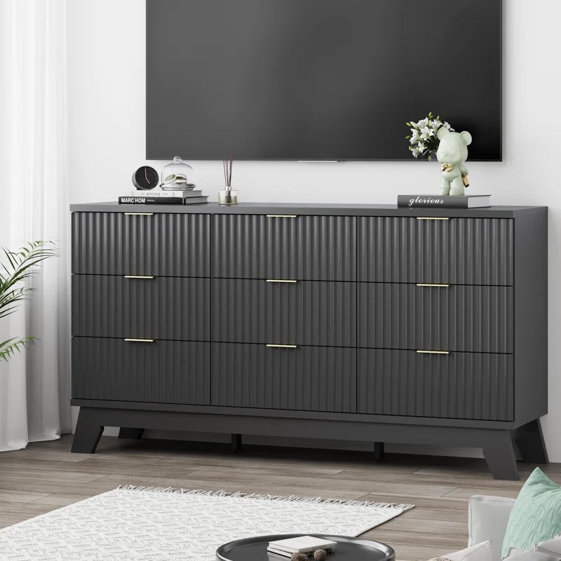 Fluted 9-Drawer Dresser 57''W Wood Wide Chest Of Drawers With Metal Handle,Adjustable Feet
