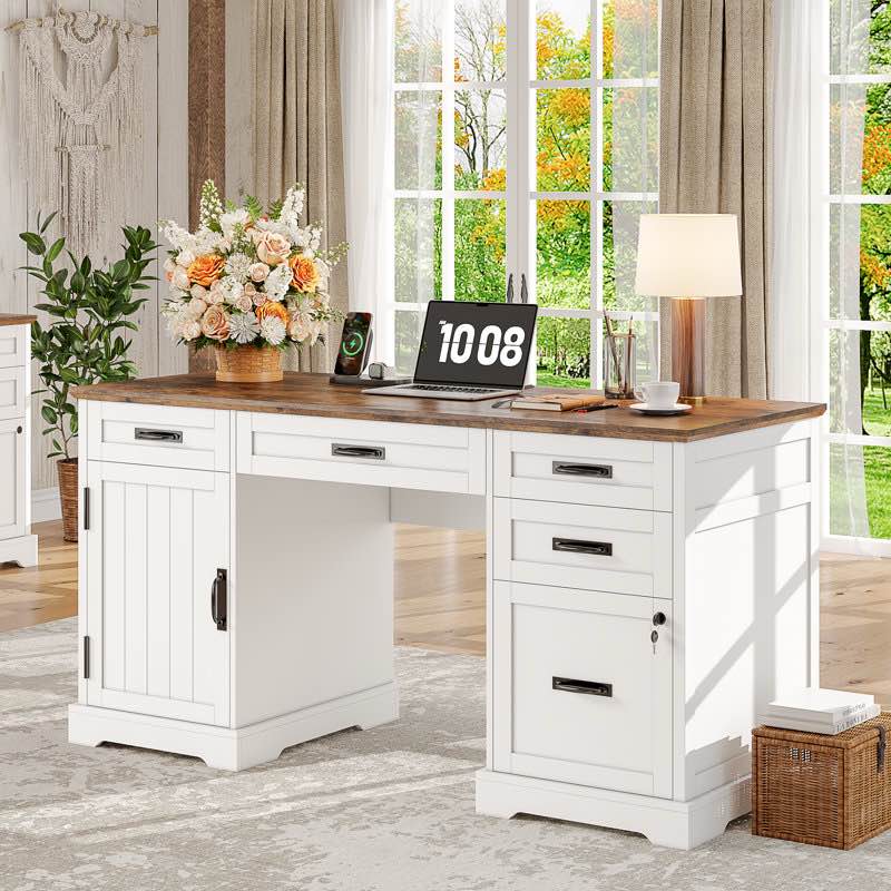 clabe 55'' farmhouse executive desk with drawers, file cabinet and power outlets