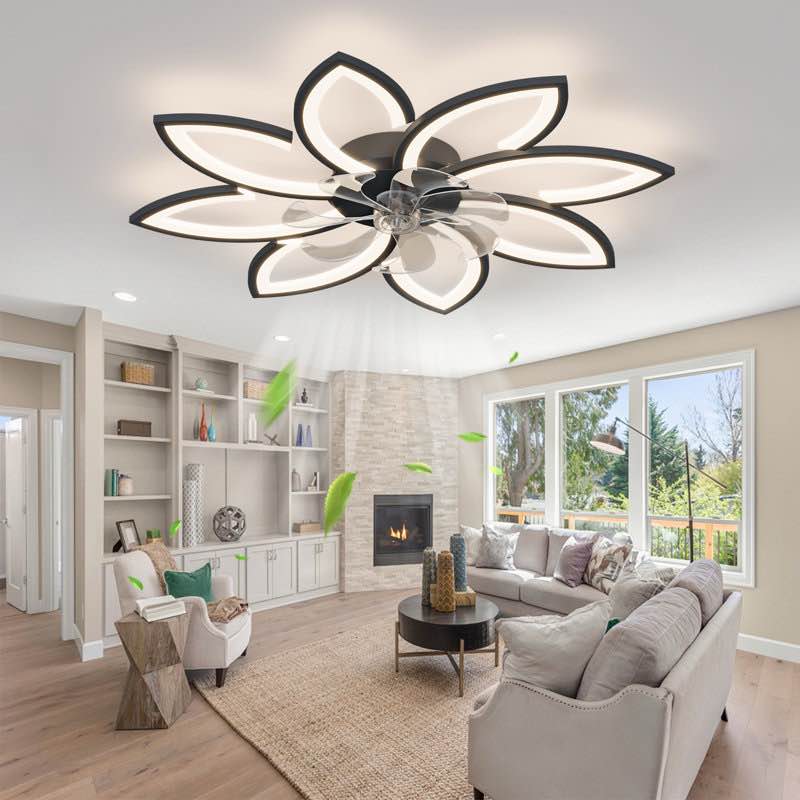 35 in. Indoor Black Bladeless Creative Flower Ceiling Fan With Light Remote Control, Dimmable 3-Color Modern Ceiling Fan