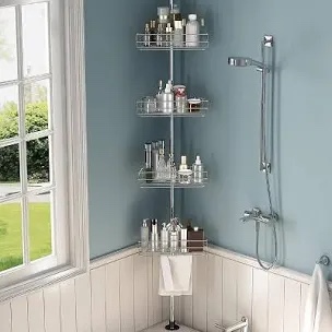Tension Pole Corner Shower Caddy in Chrome with 4 Adjustable Basket 