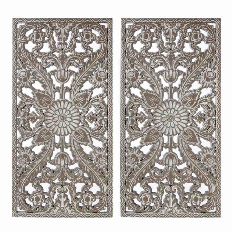 2 Pcs Botanical Panel Distressed Carved Wood Wall Decor Set