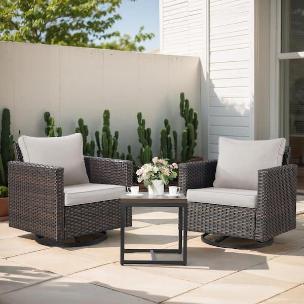 U-Weave 3-Piece Brown Wicker Swivel Outdoor Rocking Chairs Patio Conversation Set with Olefin Beige Cushions