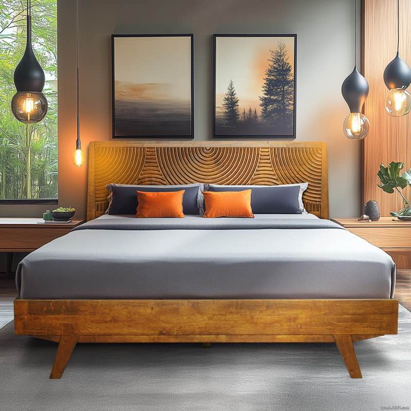 solid wood platform bed frame with headboard – mid-century modern style, carved wood grain, easy assembly with smart tool, no box spring needed