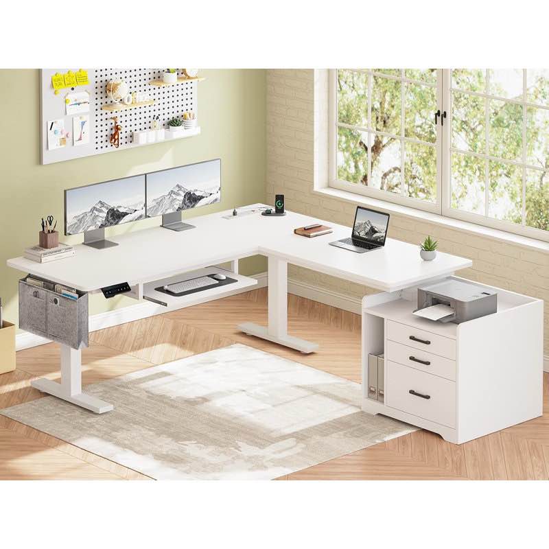 l shaped electric standing desk with file cabine adjustable height desk (2 boxes)