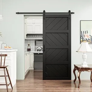 36” x 84” manufactured paneled wood barn door with installation hardware