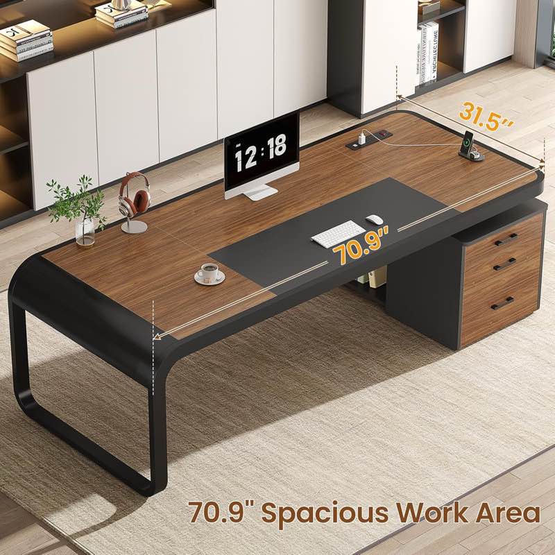70.9" Executive Desk Large Computer Desk With Drawers And Lateral File Cabinet