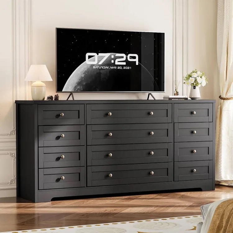 12-Drawer Wooden Dresser & TV Stand for Bedroom – Modern Wide Chest for 65” TV, Large Storage Organizer (Incomplete box B missing box A)