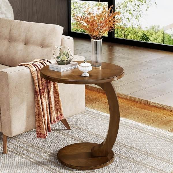 solid wood round end table mid century c-shaped side table for living room & bedroom - 1