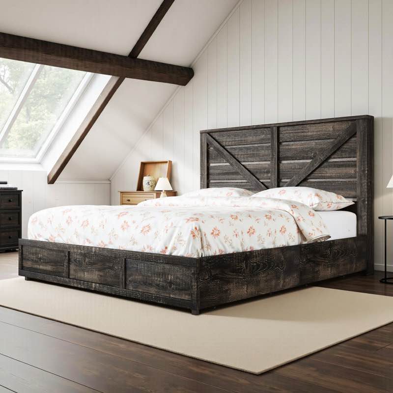 Oceant Farmhouse Queen Size Bed Frame with 4 Drawers, Black (Incomplete box 1/2 missing box 2/2)