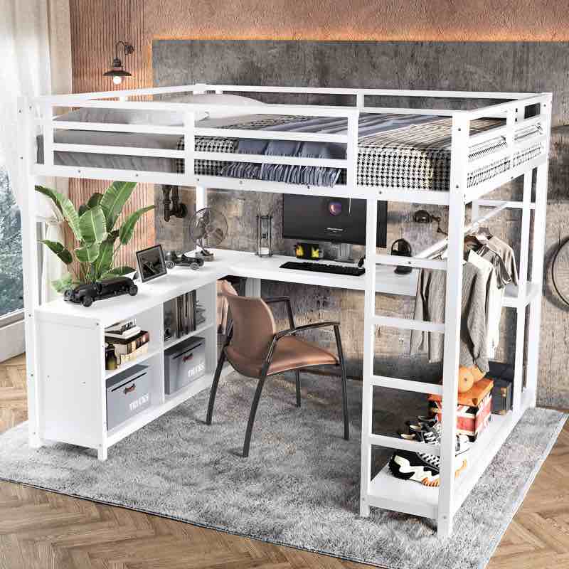 Queen Metal Loft Bed with Wardrobe, L-Shaped Desk & Storage Cubes, Kids Teens Adults White (Box 2 missing box 1)