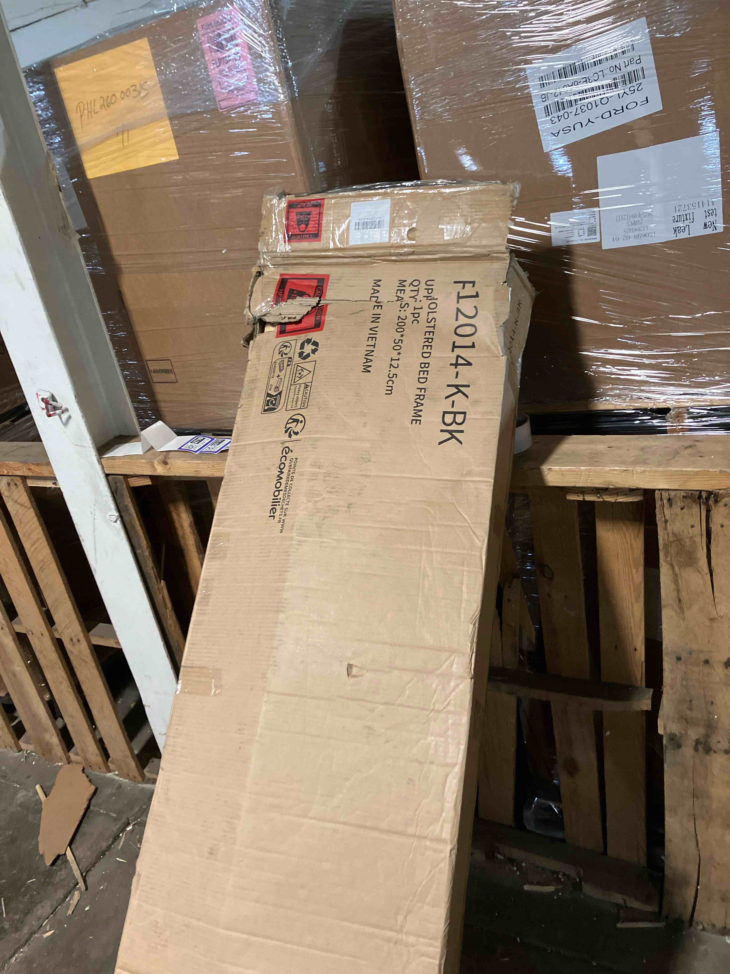 Condition photo showing As Is for Queen Bed Frame with Headboard , Faux Leather Upholstered Platform Bed Frame, Black Bed Frame Queen Size, Wooden Slat Support, No Box Spring Needed, Black ( SIDE RAILS AND SLANTS ONLY )