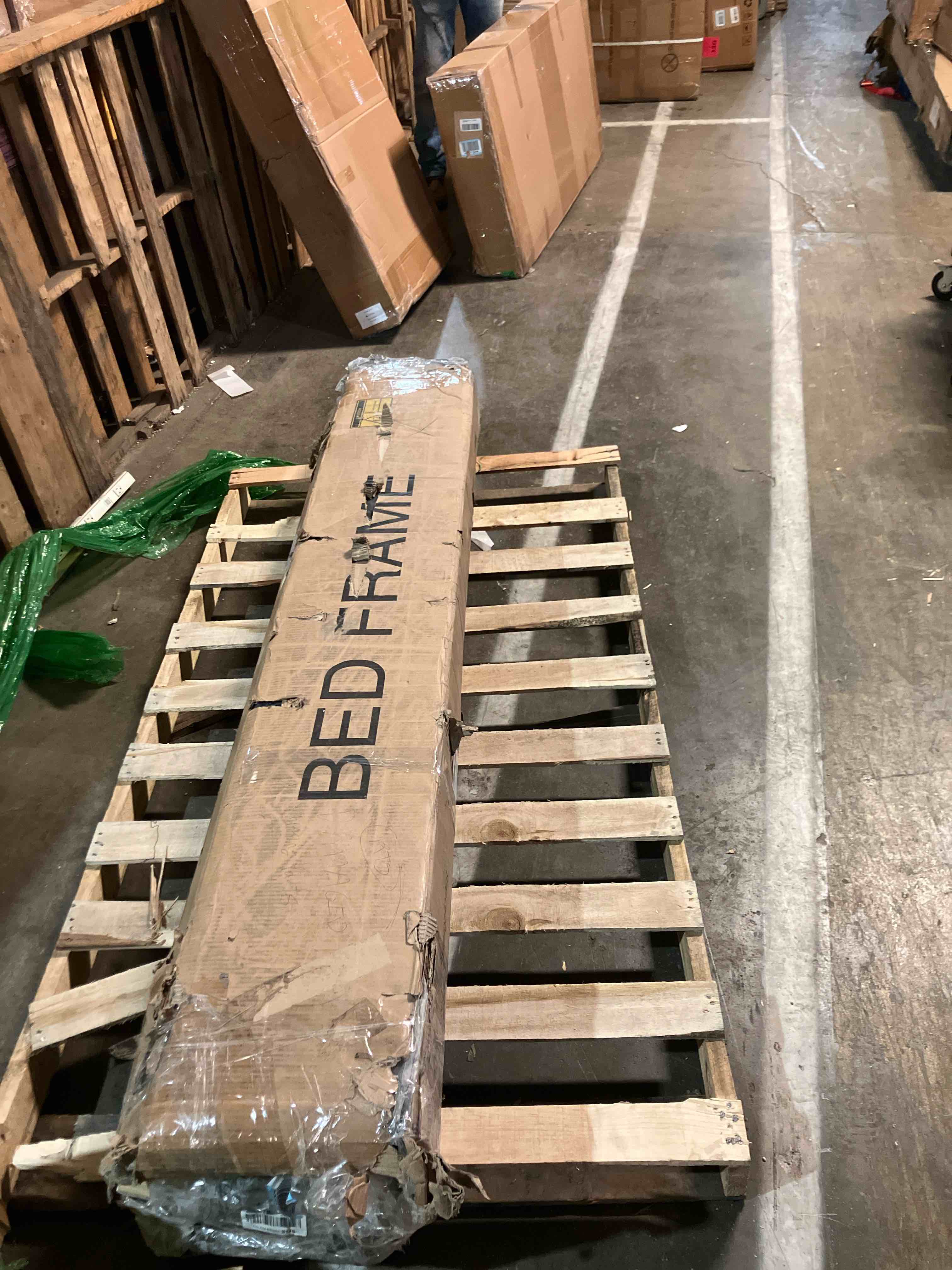 Condition photo showing Good Condition for Pipleo King Bed Frame with headboard, King Size Bed Frame with 3 Drawers, Velvet Upholstered Platform Bed Frame with Storage, LED Lights and Charging Station (Box damaged)