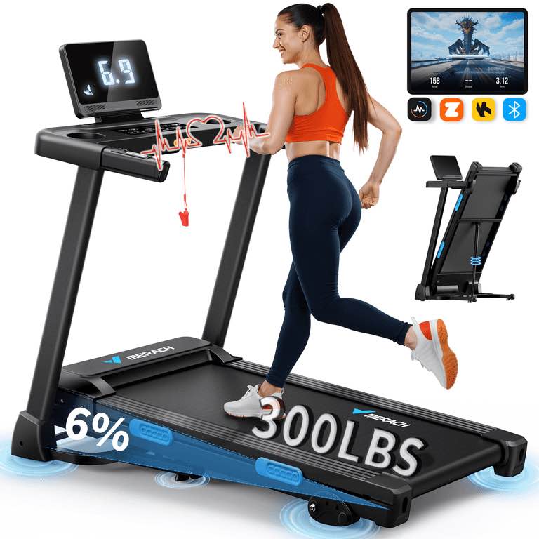 merach 2.5hp folding treadmill with incline, fitness treadmill for home with app, 0.8-7.5mph, led display