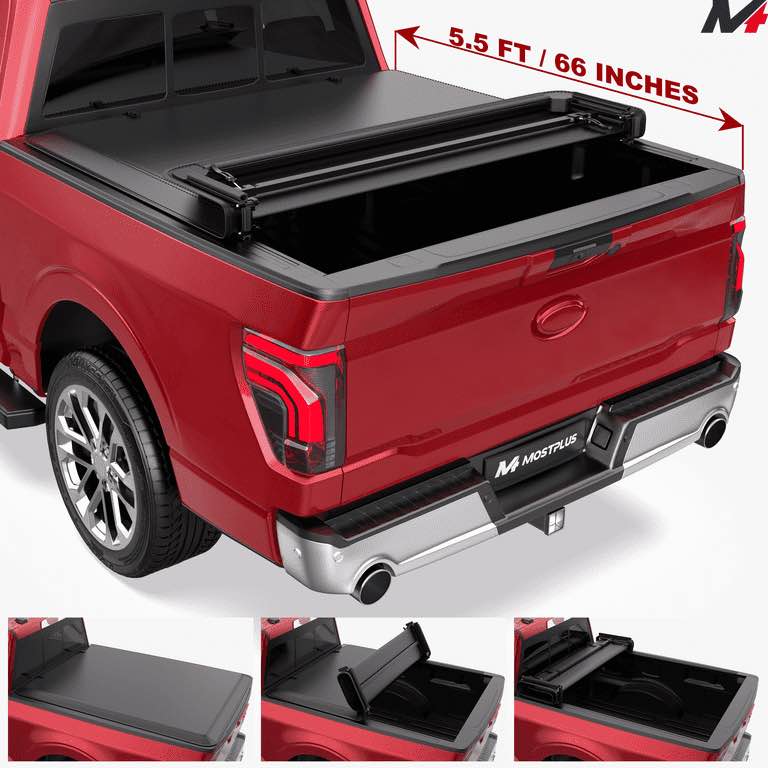 mostplus 4-fold 5.5ft quad fold soft tonneau cover for 2015-2026 ford f150 f-150 truck bed w/led