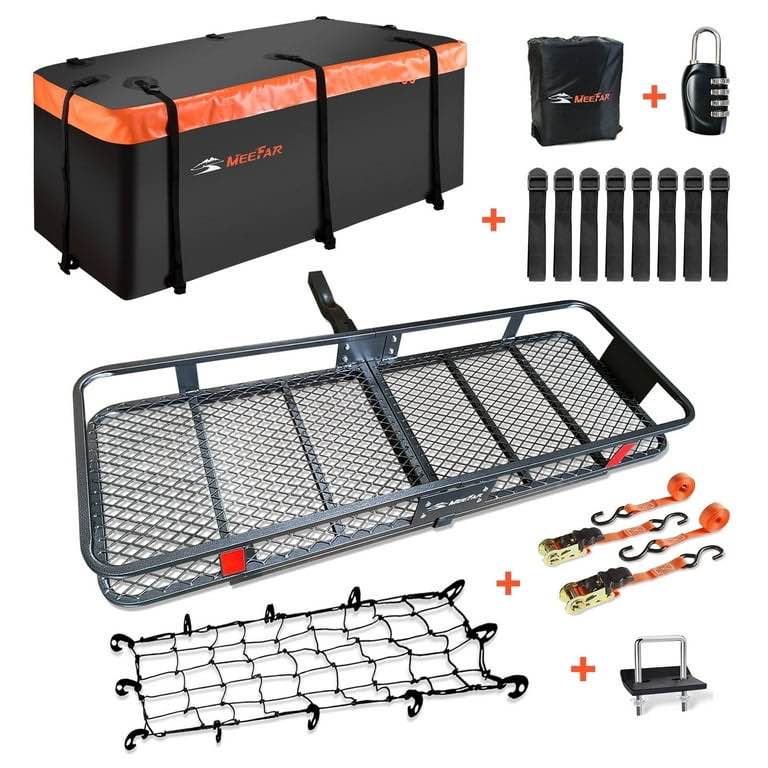 meefar folding hitch mount cargo carrier basket 60" x 20" x 6"+waterproof cargo bag 16 cu.ft(58" 19" 24")