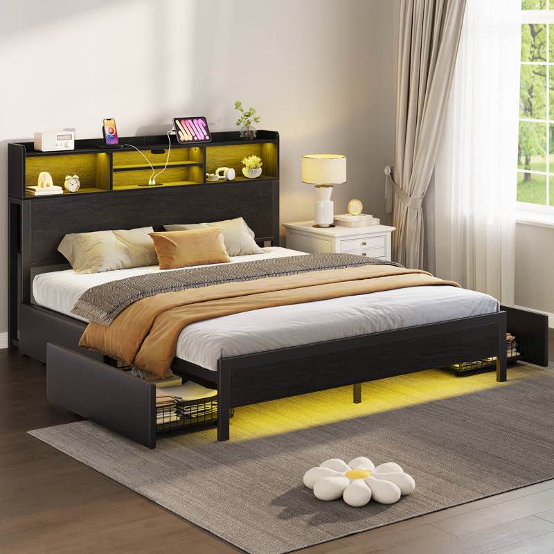 wenda bed frame with bookcase headboard and 4 storage drawers, metal platform bed with rgb led lights full