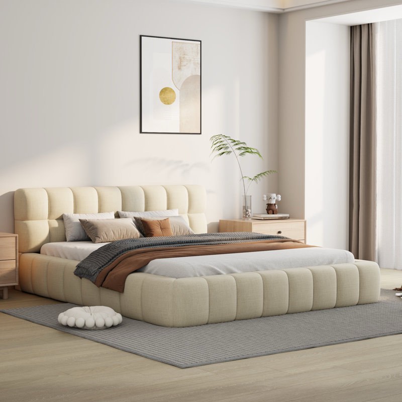 katence elegant linen platform bed with upholstered headboard and solid frame stability (incomplete box 1/2 missing box 2/2)