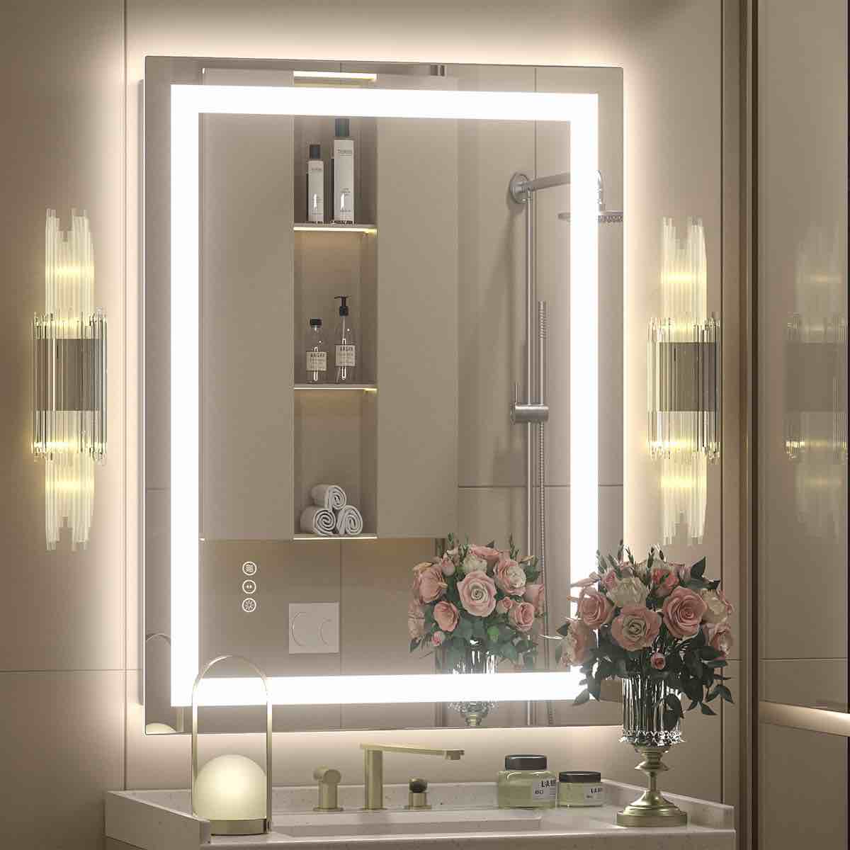aevar ul certified front & back led anti-fog tempered glass bathroom/vanity mirror