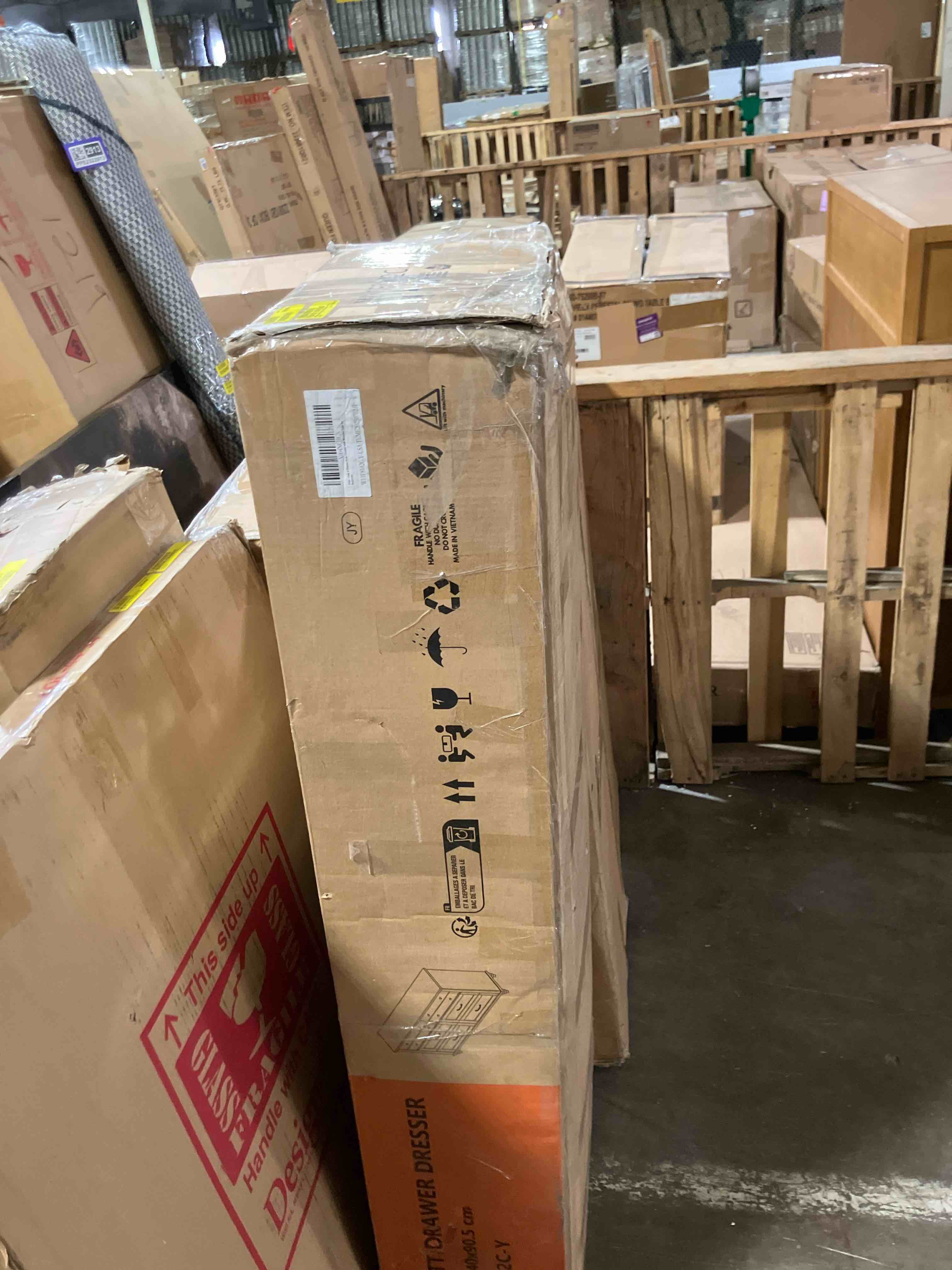 Condition photo showing As Is for WAMPAT Baby Dresser with 8 Drawers for Kids Room, Farmhouse Kids Dresser Wooden Double Dresser for Bedroom, Wide Dresser Organizer for Children’s Bedroom, Nursery Furniture, 54 Inch, Oak (Missing hardware)