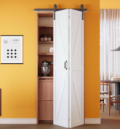 Stewart Doors Manufactured Wood Paneled Bifold Barn Door with Hardware Kit