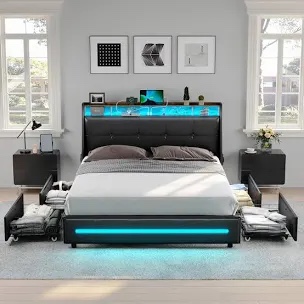 Led upholstered platform bed frame with 4 storage drawers 