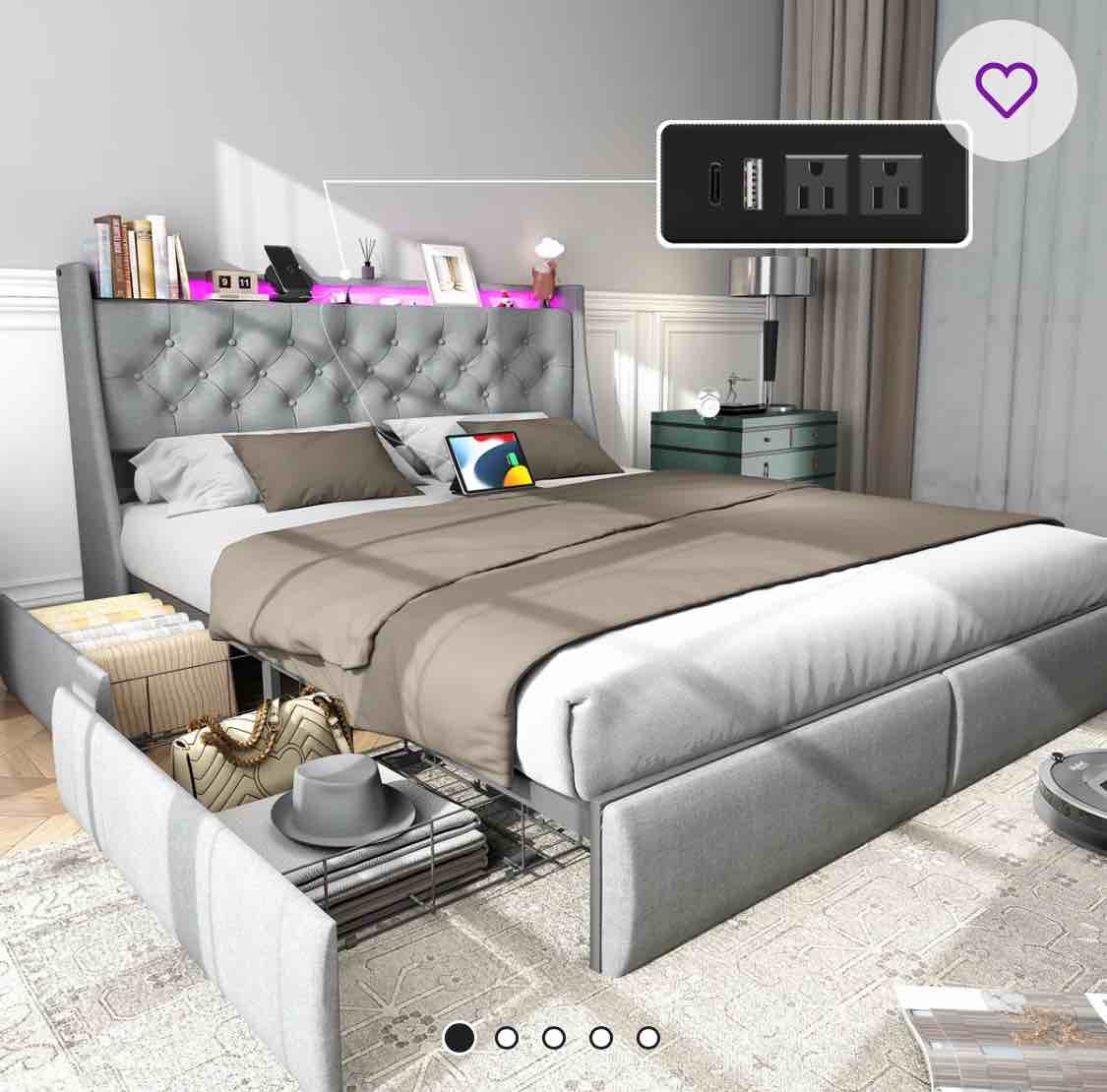 Larai Upholstered LED Bed Frame with 4 Drawers, Bed with Storage Headboard and Charging Station