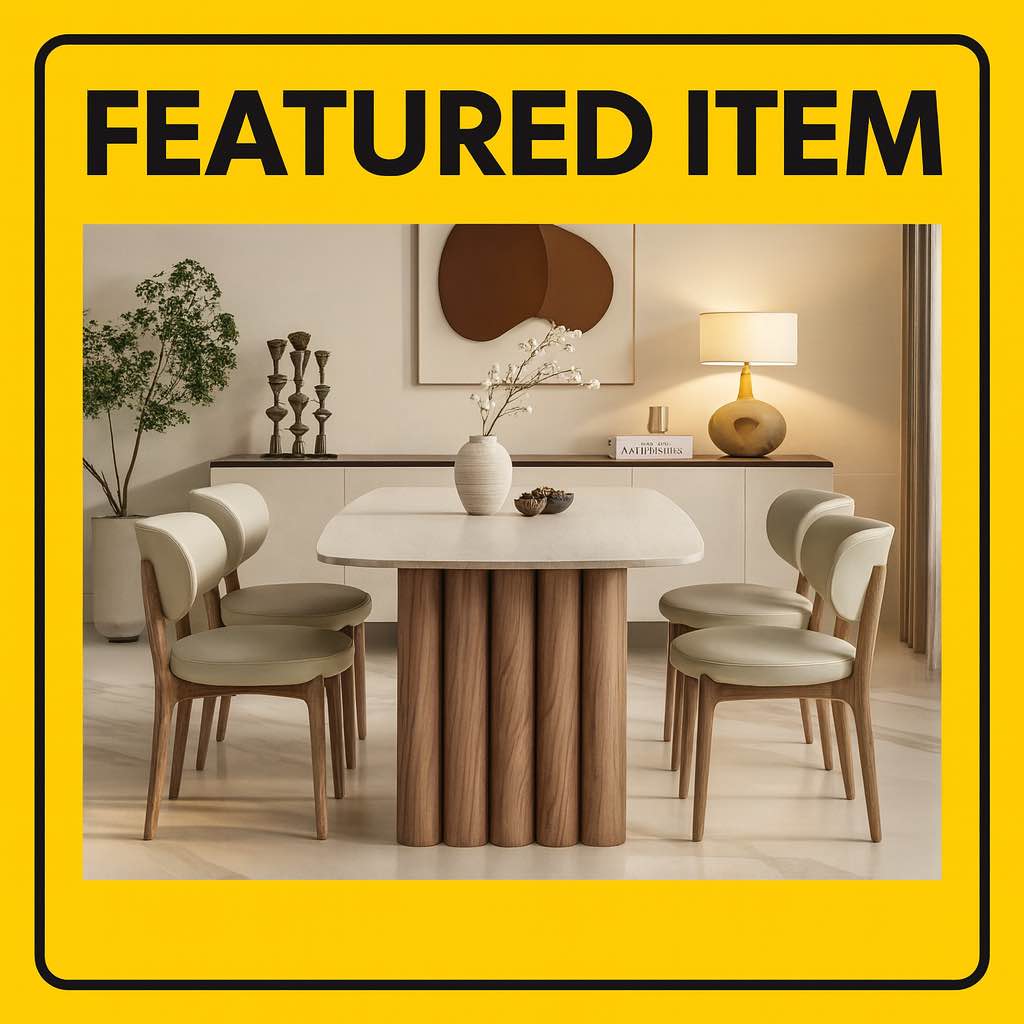 FEATURED ITEM!! Rectangular Rock Plate Dining Table and Chair Set, Modern Oak Leg Base, Smooth Light Beige Roman Rock Slab Table Top, 4 Light Tan Cushioned Chairs with Oak Frames