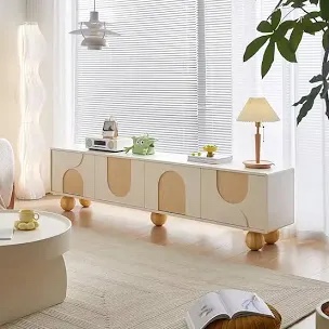 78.74" Modern White Wood TV Stands with Cabinet Storage, Natural