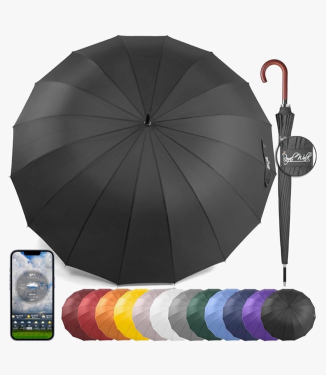 Royal Walk Windproof Large Umbrella for Rain 54 Inch Automatic Open for 2 Persons Wind Resistant Big Golf Umbrellas for Adult Men Women Classic Wooden Handle Fast Drying Strong 16 Ribs Travel 120cm