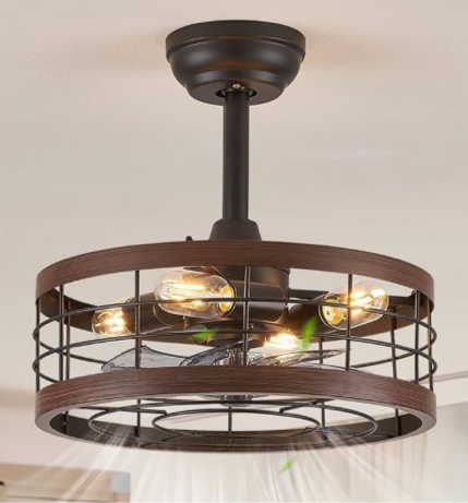 LEDIARY 16.5in Caged Ceiling Fan with Light, Bladeless Industrial Ceiling Fan with Remote, Rustic Metal Fan Lights Ceiling Fixtures for Kitchen, Farmhouse, Bedroom?6 Speed,1/2/4/8h Timing?-Walnut