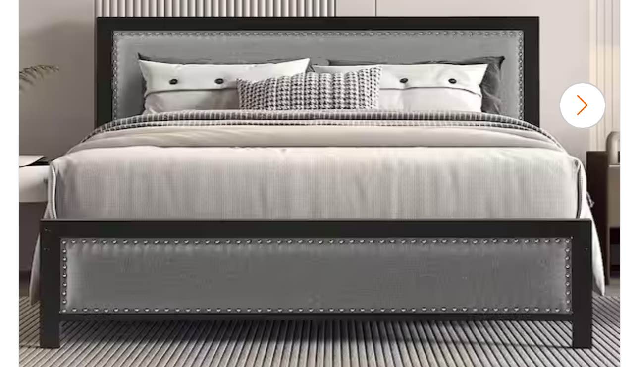 Metal Bed Frame Queen Gray with Linen Upholstered Headboard, Platform Bed with 12.6 in. Under Bed Storage and Nailhead ( One in stock is Color Beige)