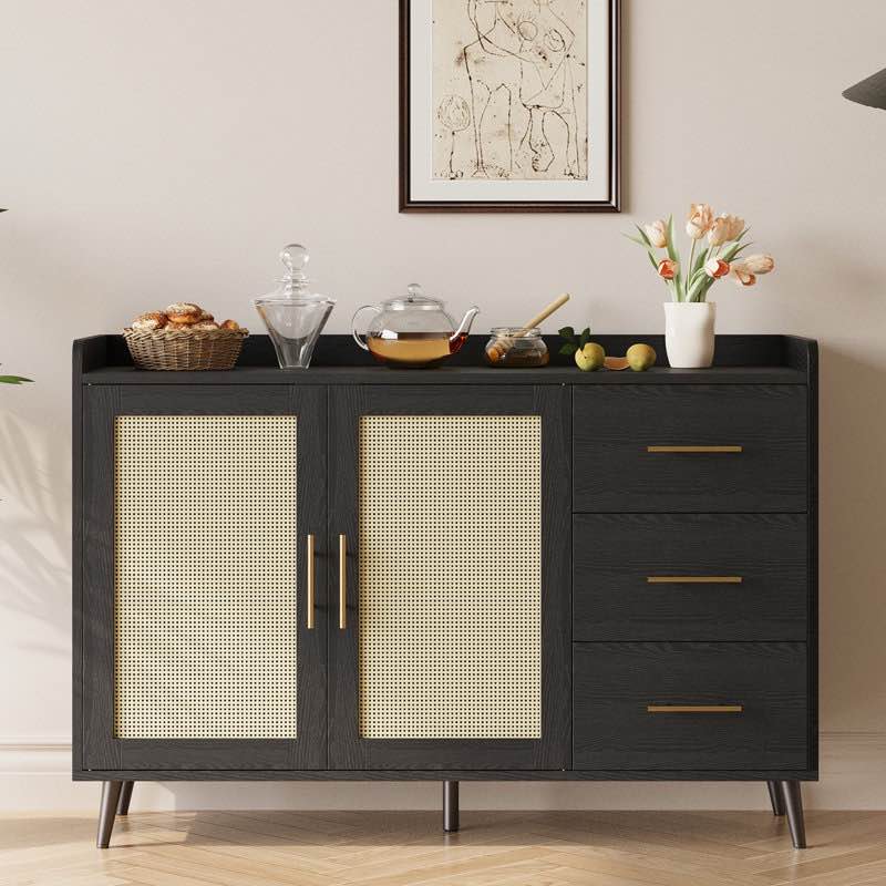 47.12" w coffee bar wine cabinet with 14-grid wine rack, 3 drawers, woven rattan doors, multi-purpose home bar & liquor bar for kitchen and living room