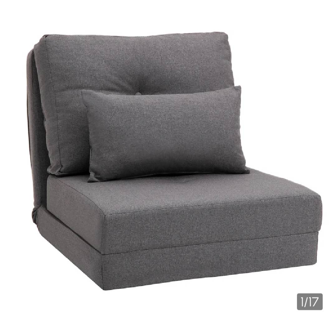 HOMCOM Convertible Flip Chair, Floor Lazy Sofa, Folding Upholstered Couch Bed with Adjustable Backrest, Metal Frame and Pillows for Living Room Bedroom, Dark Grey