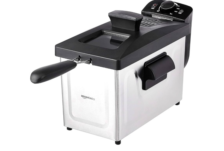 Amazon Basics 3.2-Qt (3.0L) Deep Fryer with Basket, 8-Cup Capacity, Stainless Steel Exterior, Viewing Window, Temperature Control, Black & Silver, 1500W