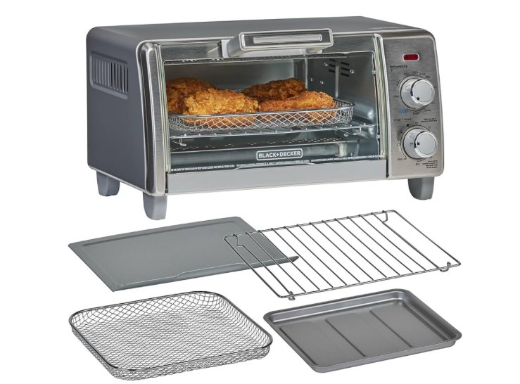BLACK+DECKER Crisp 'N Bake Air Fry Countertop Convection Toaster Oven, Medium Capacity, 4-Slice, 5-in-1, Fits 9” Pizza, 30-Min Timer, Bake, Broil, Air Fry, Toast, Keep Warm, Stainless Steel