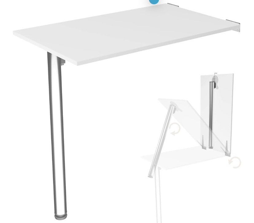 Folding Wall Table, Desk, Table Top, 80 x 50 cm, in White, Folding Table, Dining Table, Kitchen Table for Wall, Height 74 cm, for Wall Mounting, with Table Leg, Foldable