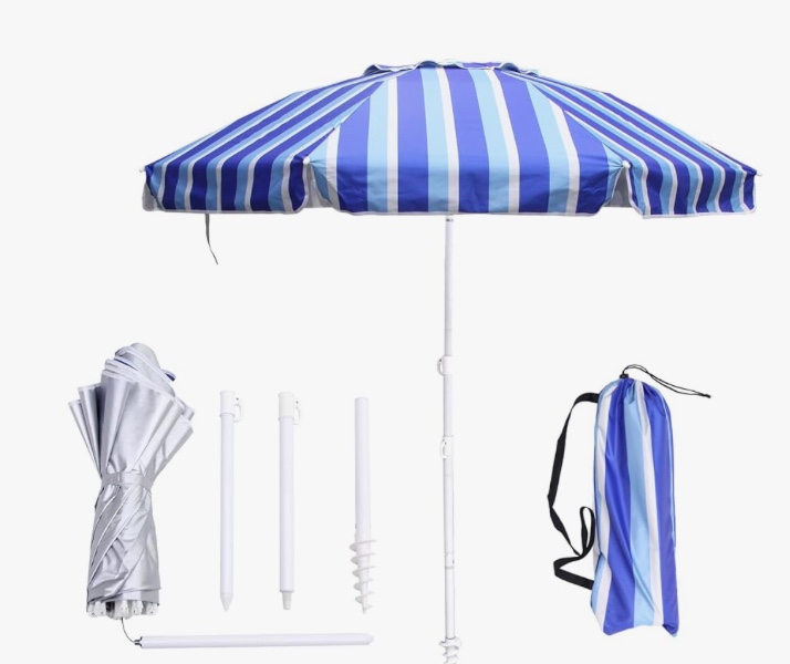6.5ft beach umbrella - heavy duty wind resistant uv 50+ portable sun shade with sand anchor & carry bag, outdoor folding umbrella for beach, pool, patio, garden (blue vertical stripe)