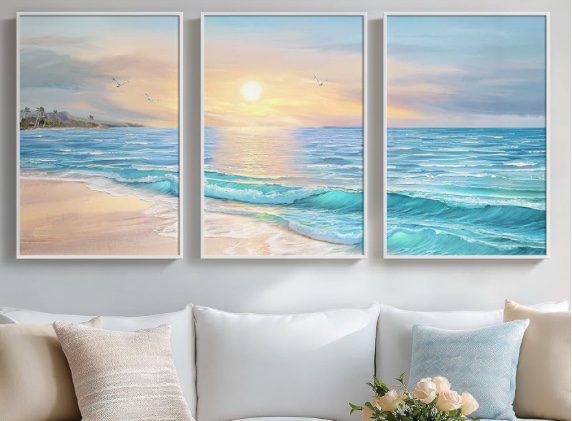 Framed Coastal Wall Art for Living Room, 3 Piece Beach Artwork for Walls, Large Beachy Painting Prints, Modern Ocean Canvas Wall Decor, Beach Decorations for Home 24x36